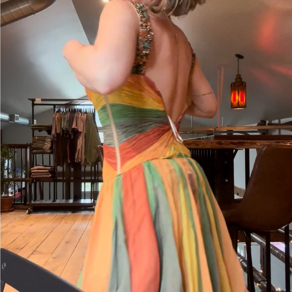 Beaded V-Neck Striped Midi Dress in Orange, Yellow & Green - Picture 15 of 15